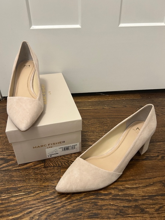 Marc Fisher Shoes - Marc Fisher Yovani Nude Suede Pointed-Toe Mid Block Heels